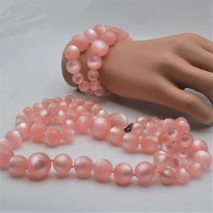 Mid-Century Lucite Pink Moonglow 2 Row Beaded Necklace & Stretch Bracelet Set